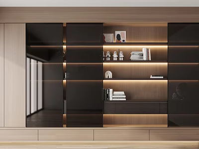 Modern Elegant Wooden Bookcase With Glass Doors LED Strip Lights And Storage Space 3d model