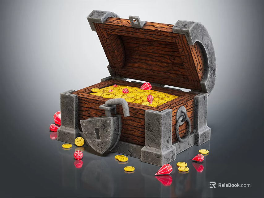 Open Wooden Treasure Chest With Metal Locks Filled With Gold Coins And Red Gems 3d model 