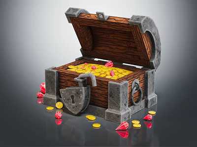 Open Wooden Treasure Chest With Metal Locks Filled With Gold Coins And Red Gems 3d model