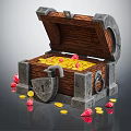 Open Wooden Treasure Chest With Metal Locks Filled With Gold Coins And Red Gems