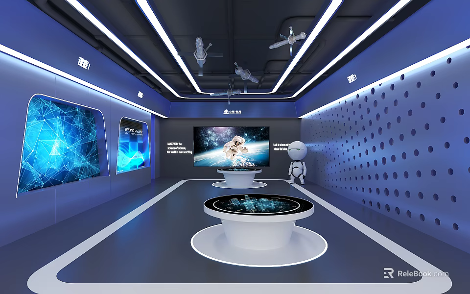Modern Tech Exhibition Hall With Interactive Displays Large Screens And Robot Model 3d model