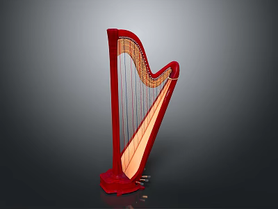 Red Harp Musical Instrument With Elegant Curved Frame And Strings 3d model