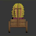 Colorful Spiky Cactus Plants in Wooden Cart with Pink Yellow Pots