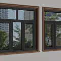 Wooden Frame Windows With Black Sashes And Outdoor Trees Buildings View