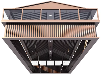 Modern Interior Ceiling Design With Wooden Slats And Pendant Lighting Fixtures 3d model