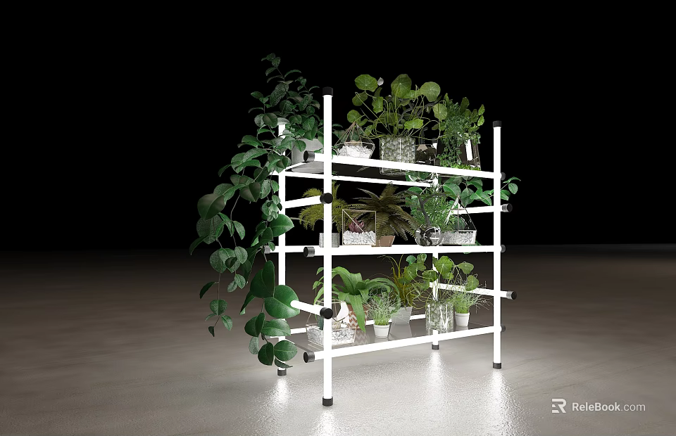 Indoor Plant Combination With White Multi tier Stand Various Green Potted Plants And Hanging Vines 3d model 
