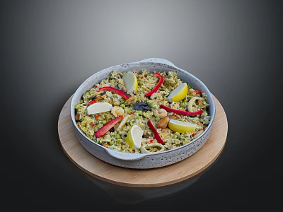 Delicious Seafood Rice with Lemon Slices Red Chilies Squid Rings in Stoneware Pot 3d model
