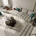 Modern White Corner Sofa with Turquoise Cushions and Coffee Table Set on Patterned Rug 3d model