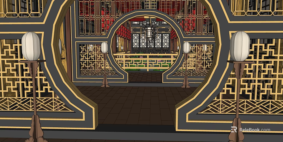 Traditional Chinese Restaurant Interior With Arched Doorway Carved Windows And Red Gold Decor 3d model 