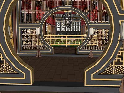 Traditional Chinese Restaurant Interior With Arched Doorway Carved Windows And Red Gold Decor 3d model