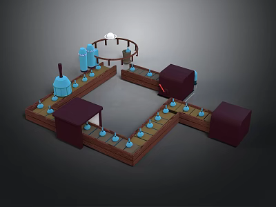 Wooden Structure Layout Design With Blue Objects Dark Blocks And Circular Platform 3d model