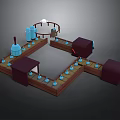 Wooden Structure Layout Design With Blue Objects Dark Blocks And Circular Platform