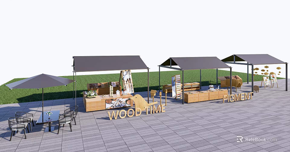 Outdoor Wooden Market Stalls With WOOD TIME Sign Tent Canopies And Display Tables 3d model 