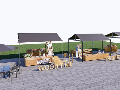 Outdoor Wooden Market Stalls With WOOD TIME Sign Tent Canopies And Display Tables 3d model