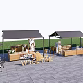 Outdoor Wooden Market Stalls With WOOD TIME Sign Tent Canopies And Display Tables