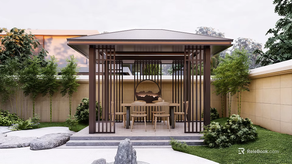 Courtyard Garden Featuring Metal Frame Wooden Pavilion Table Chairs Green Plants Stones And Lawn 3d model 