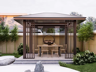 Courtyard Garden Featuring Metal Frame Wooden Pavilion Table Chairs Green Plants Stones And Lawn 3d model