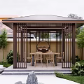 Courtyard Garden Featuring Metal Frame Wooden Pavilion Table Chairs Green Plants Stones And Lawn
