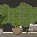 Modern Leisure Chair In Interior With Green Plant Wall Wooden Table And Potted Plant