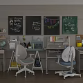 Interior Desk Setup With Two Chairs Chalkboards Bookshelves Table Lamp Globe And Stationery