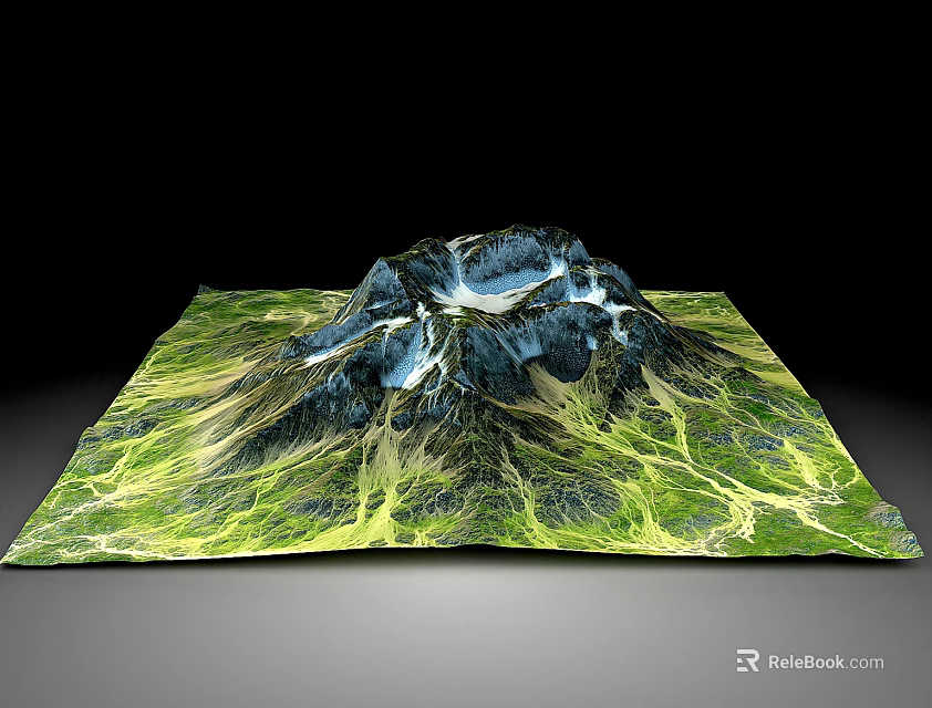 Detailed 3D Mountain Terrain Model with Green Vegetation Valleys and Snow Capped Peaks 3d model 