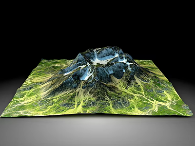 Detailed 3D Mountain Terrain Model with Green Vegetation Valleys and Snow Capped Peaks 3d model