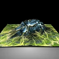 Detailed 3D Mountain Terrain Model with Green Vegetation Valleys and Snow Capped Peaks