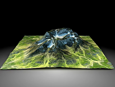 Detailed 3D Mountain Terrain Model with Green Vegetation Valleys and Snow Capped Peaks 3d model