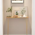 Modern Console Table with Wooden Top Golden Legs Green Plant Decorative Painting and Fruit Bowl