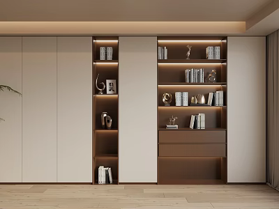 Modern Stylish Bookshelf Design with Built-in Lighting and Wooden Decorative Shelves 3d model