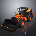 Orange Black Utility Vehicle with Front Loader Bucket Cabin and Large Tires