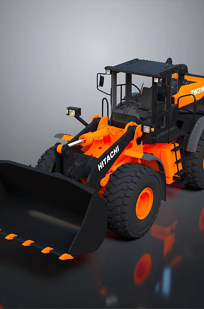 Orange Black Utility Vehicle with Front Loader Bucket Cabin and Large Tires 3d model