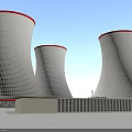Industrial Plant Exterior Featuring Large White Cooling Towers with Red Tops and Blue Sky