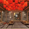 Cave Themed Storefront Reception With Waterfall Wine Banner And Wooden Floor