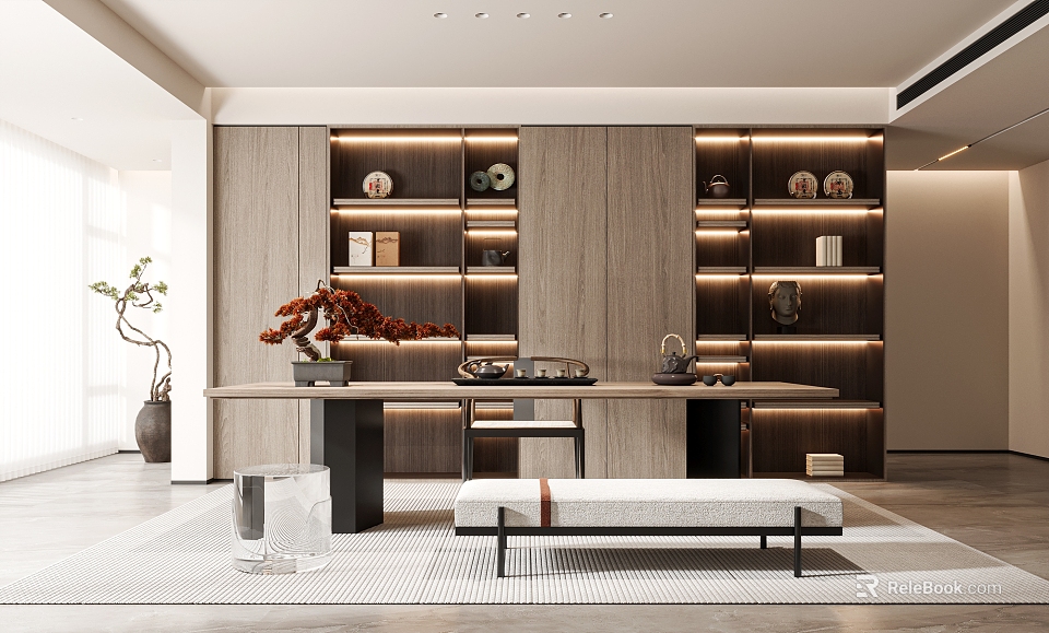 Modern Tea Room Interior With Wooden Shelves Tea Sets Warm Lighting Long Table And Bench 3d model 