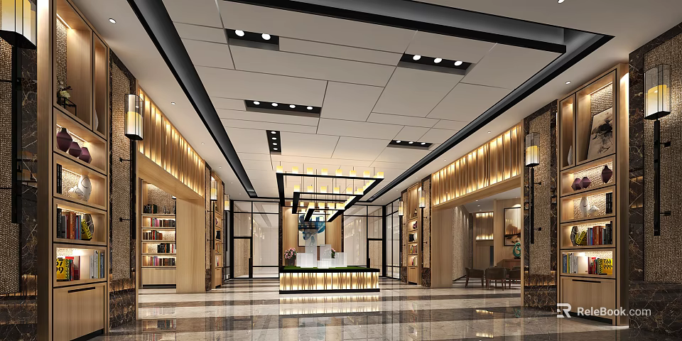 Spacious Modern Sales Office Interior With Front Desk Wooden Decor And Ceiling Lights 3d model 
