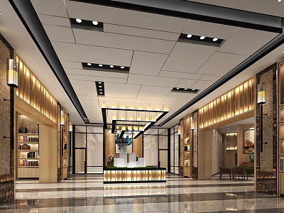 Spacious Modern Sales Office Interior With Front Desk Wooden Decor And Ceiling Lights 3d model