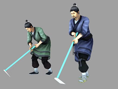 Two men in traditional clothing working with hoes in outdoor field 3d model