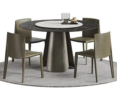 Modern Round Dining Table Set with Marble Top Gray Chairs and Area Rug 3d model