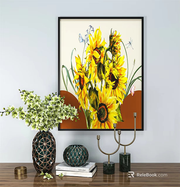 Sunflower Painting With Decorative Vase And Candle Holder In Interior Decor 3d model 
