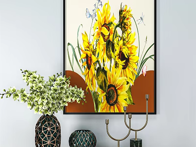 Sunflower Painting With Decorative Vase And Candle Holder In Interior Decor 3d model