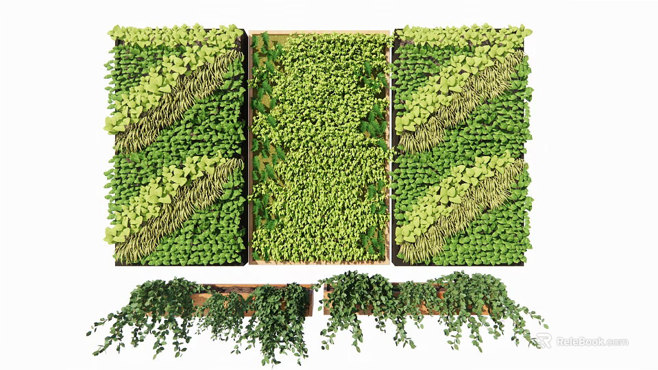 Decorative Green Plant Wall With Multiple Panels And Hanging Vines 3d model