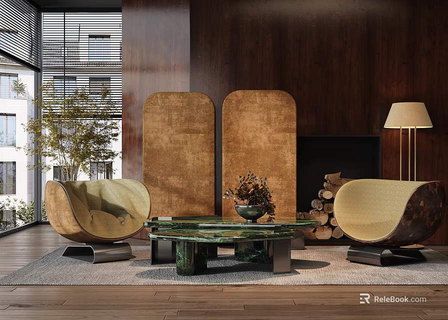 Elegant Modern Casual Sofa Set With Curved Design Green Glass Coffee Table And Wooden Wall 3d model 