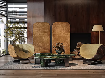 Elegant Modern Casual Sofa Set With Curved Design Green Glass Coffee Table And Wooden Wall 3d model