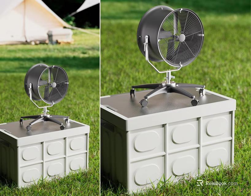 Outdoor Air Cooler Fan with Stand Placed on Storage Box in Grass Area 3d model 