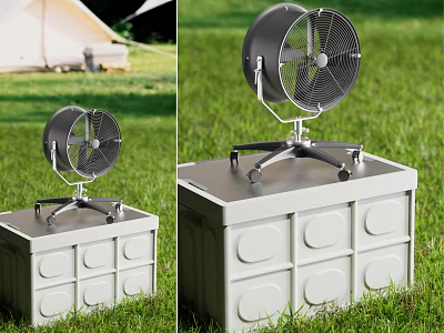 Outdoor Air Cooler Fan with Stand Placed on Storage Box in Grass Area 3d model