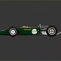 Green and yellow race car model with four wheels white dot and reflective gray background