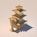 Traditional Wooden Multi Layered Tower Model With Curved Eaves And Roof Structures
