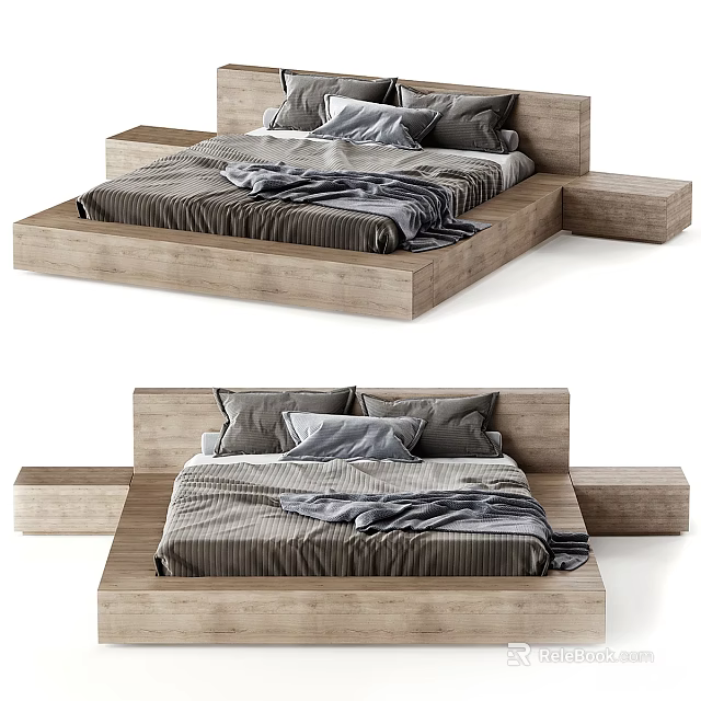 Modern Wooden Platform Double Bed with Headboard Gray Pillows and Striped Bedspread and Side Platforms 3d model 