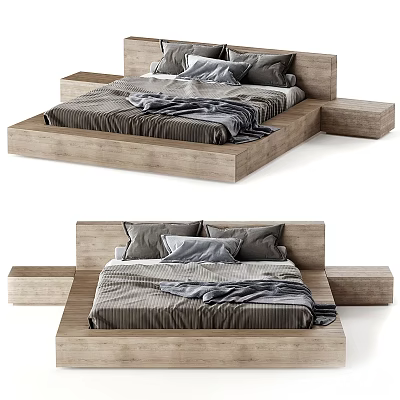 Modern Wooden Platform Double Bed with Headboard Gray Pillows and Striped Bedspread and Side Platforms 3d model